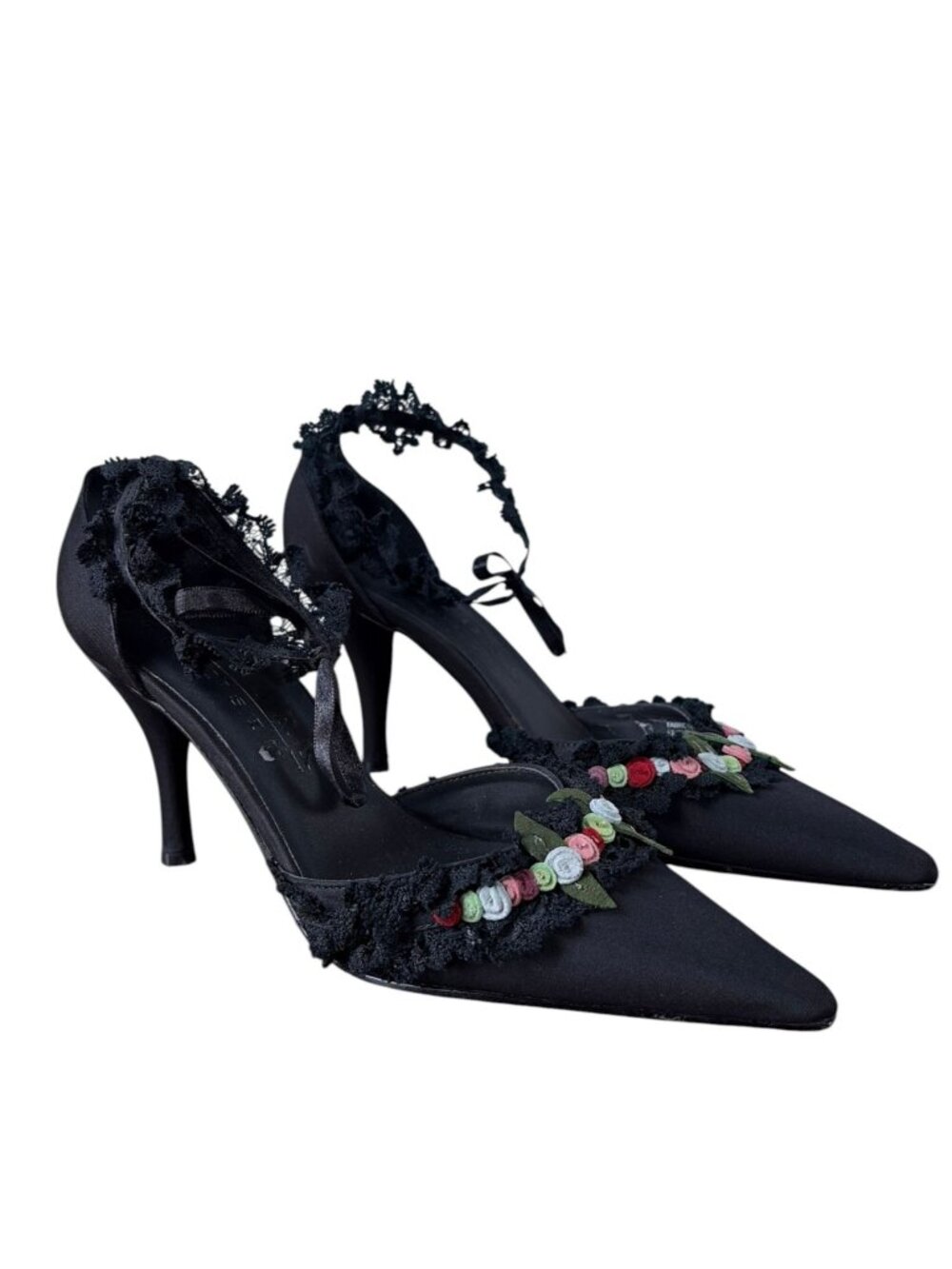 Vintage Fairy Coquette Black Heels Floral Lace 6.5 Whimsy Heel 90's Heel